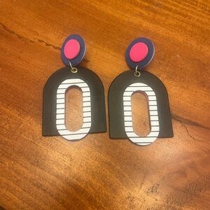 Black and White Striped Paper Earrings with Pink and Navy Accents